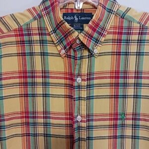 Ralph Lauren Men's button down shirt short sleeve yellow plaid Sz M 100% Cotton